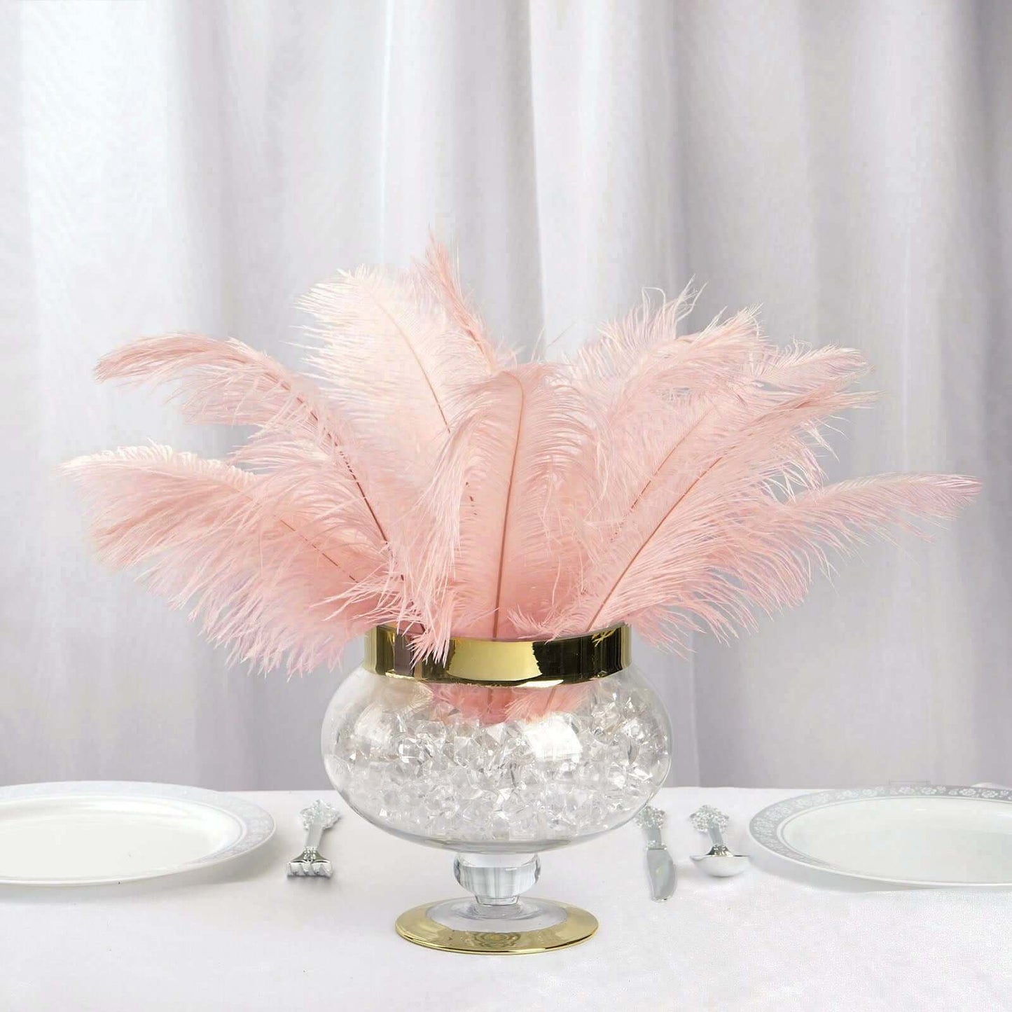 12 Pack 13" - 15" Rose Gold Natural Plume Real Ostrich Feathers, DIY Centerpiece Fillers - Linen Luxes