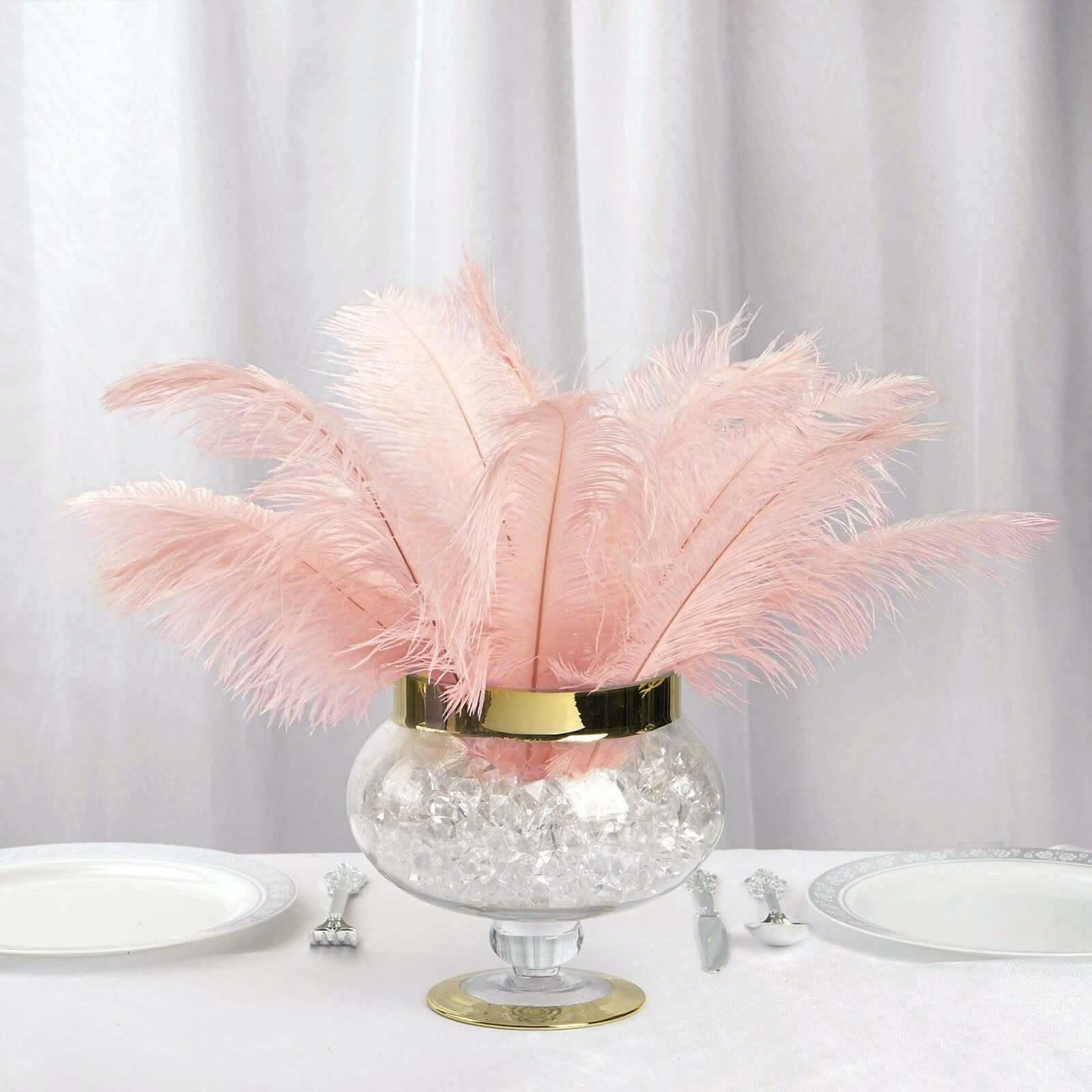 12 Pack 13" - 15" Rose Gold Natural Plume Real Ostrich Feathers, DIY Centerpiece Fillers - Linen Luxes