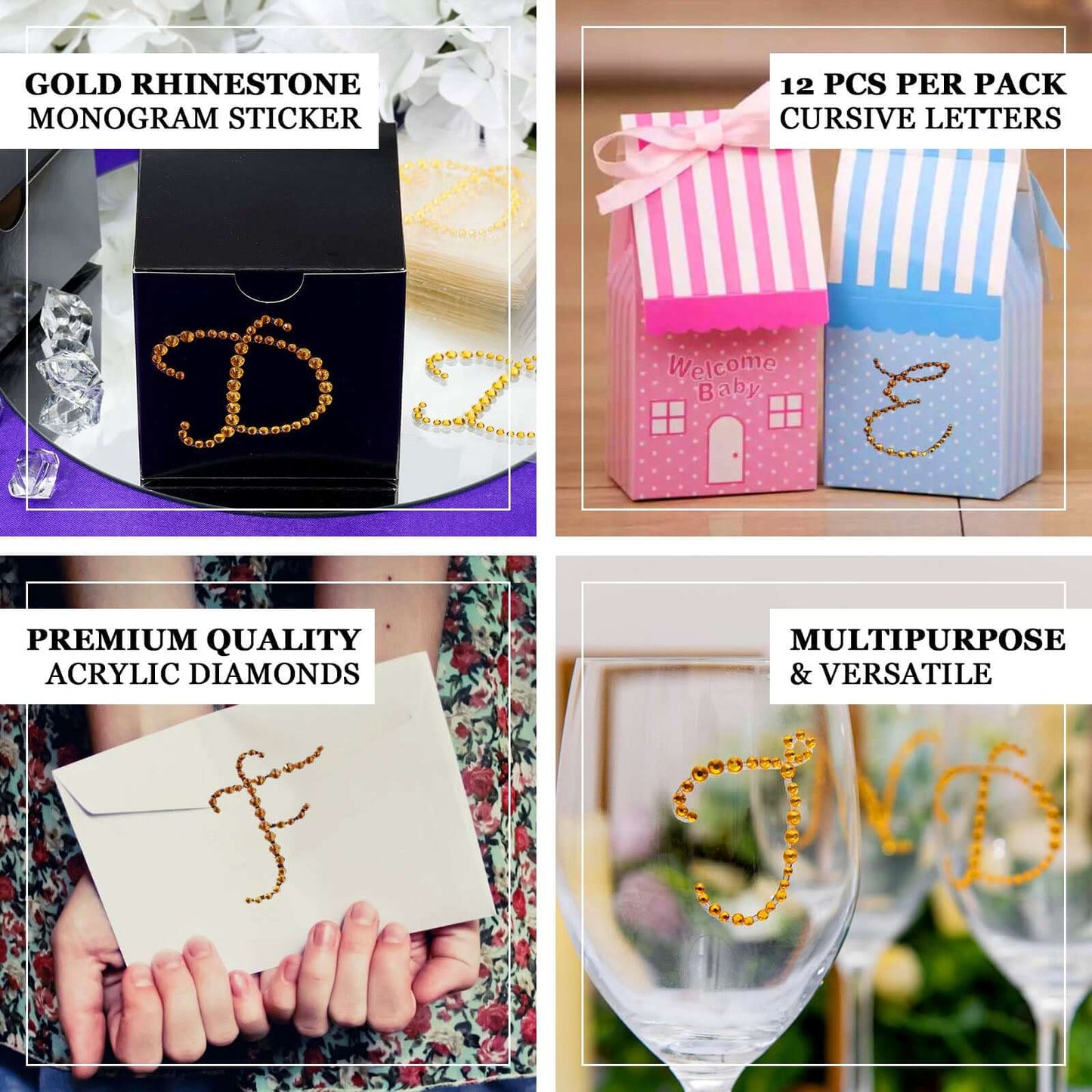 12 Pack 1.5" Gold Rhinestone Monogram Letter Jewel Sticker Self Adhesive DIY Diamond Decor - F - Linen Luxes