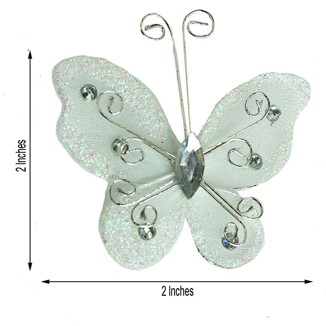 12 Pack 2" White Diamond Studded Wired Organza Butterflies - Linen Luxes