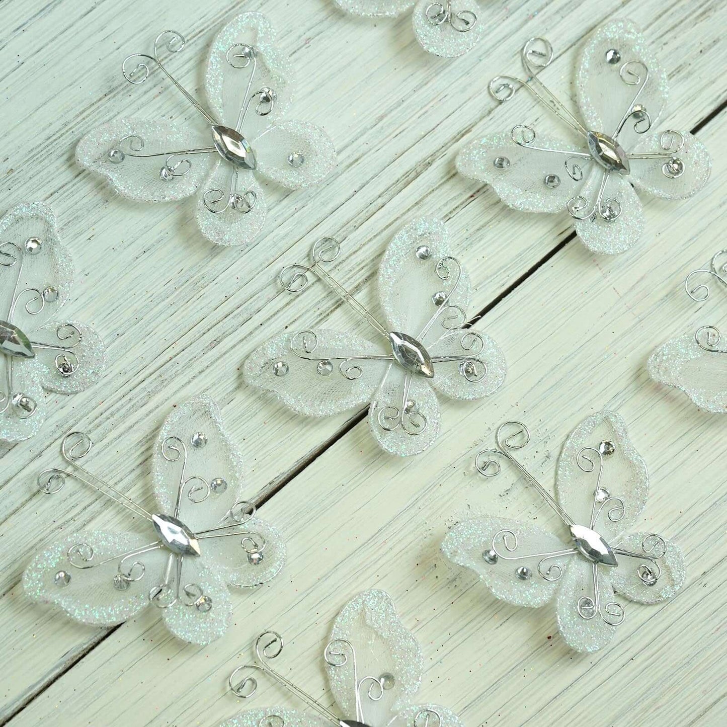 12 Pack 2" White Diamond Studded Wired Organza Butterflies - Linen Luxes