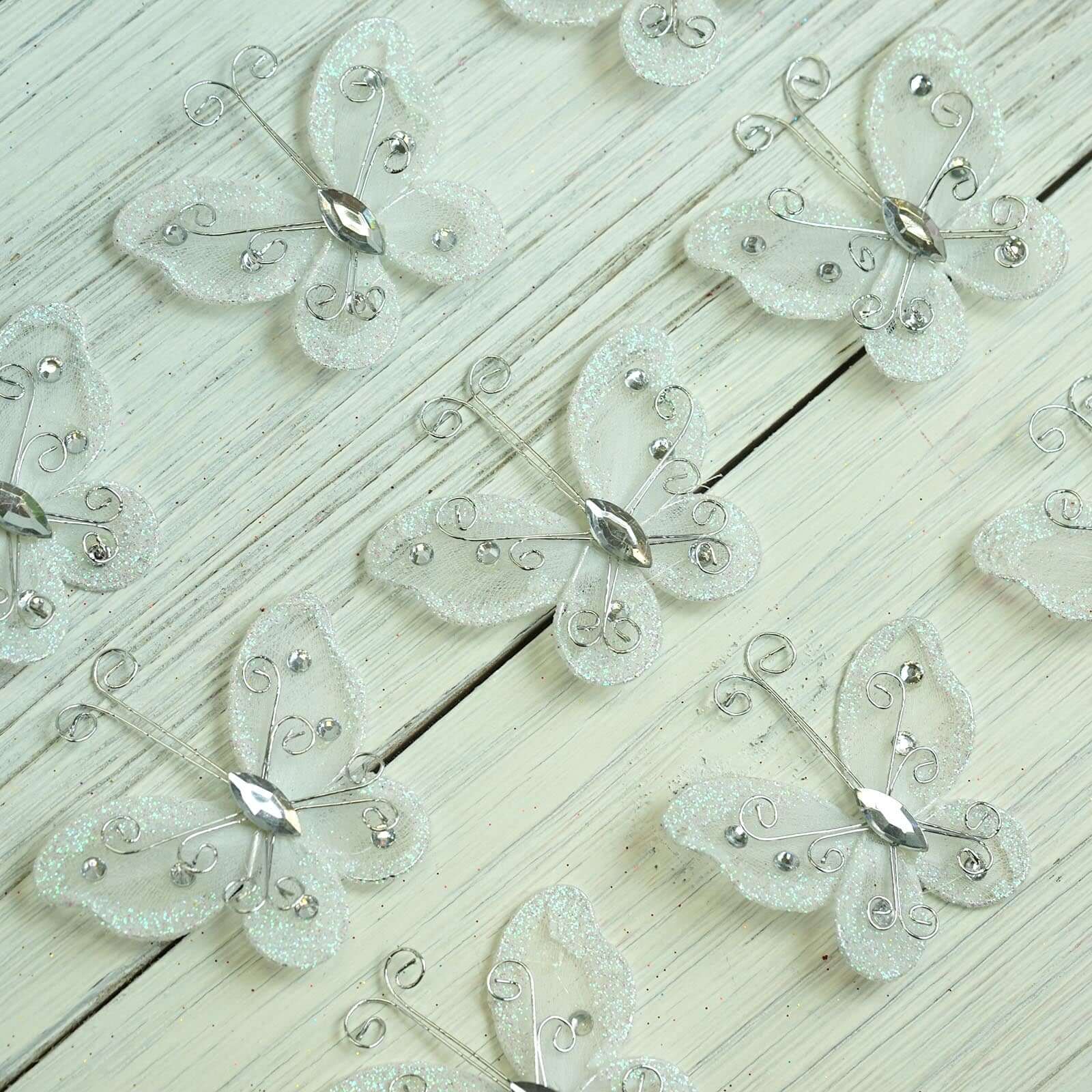 12 Pack 2" White Diamond Studded Wired Organza Butterflies - Linen Luxes