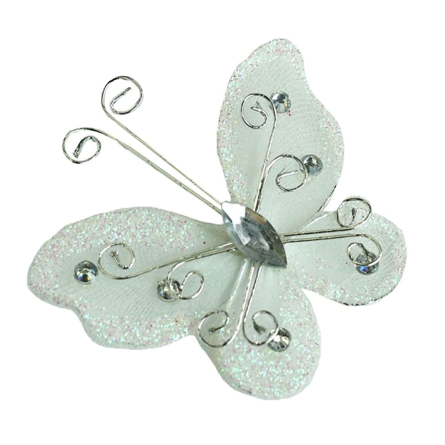12 Pack 2" White Diamond Studded Wired Organza Butterflies - Linen Luxes