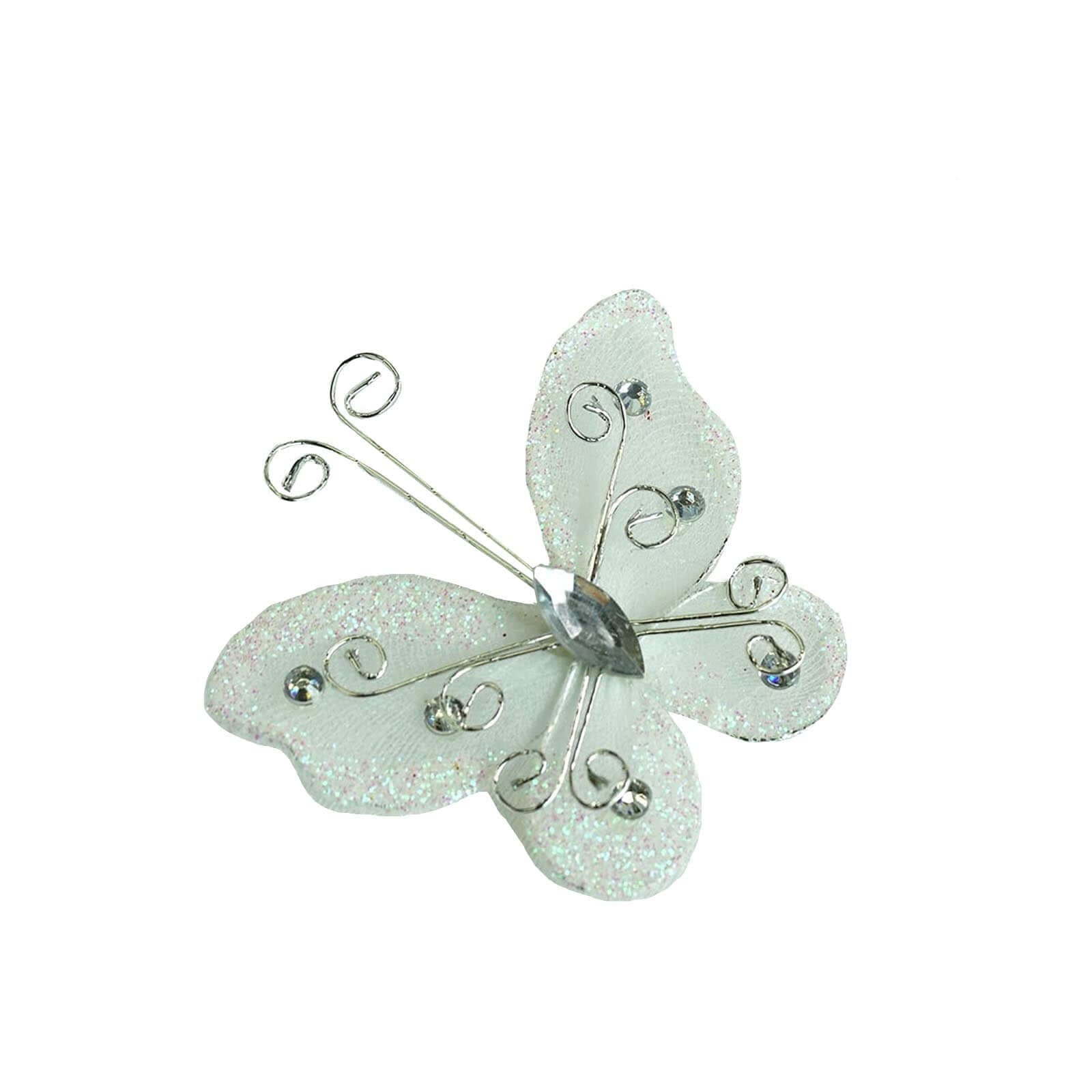 12 Pack 2" White Diamond Studded Wired Organza Butterflies - Linen Luxes