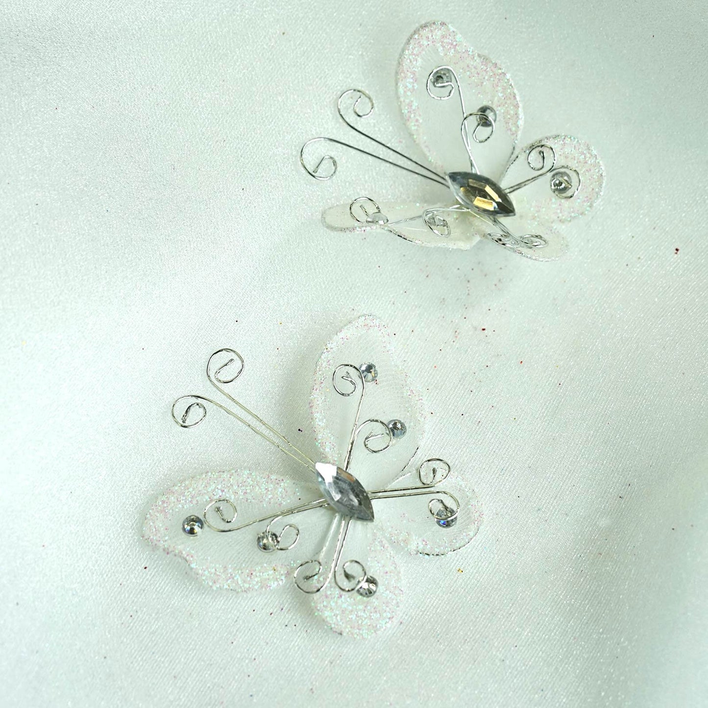 12 Pack 2" White Diamond Studded Wired Organza Butterflies - Linen Luxes
