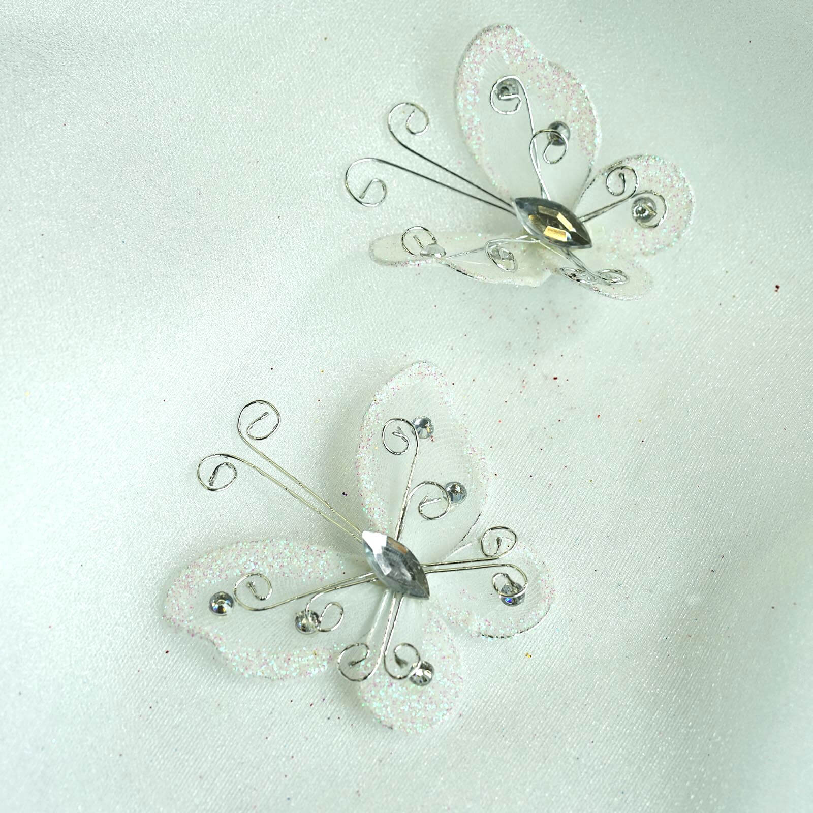 12 Pack 2" White Diamond Studded Wired Organza Butterflies - Linen Luxes