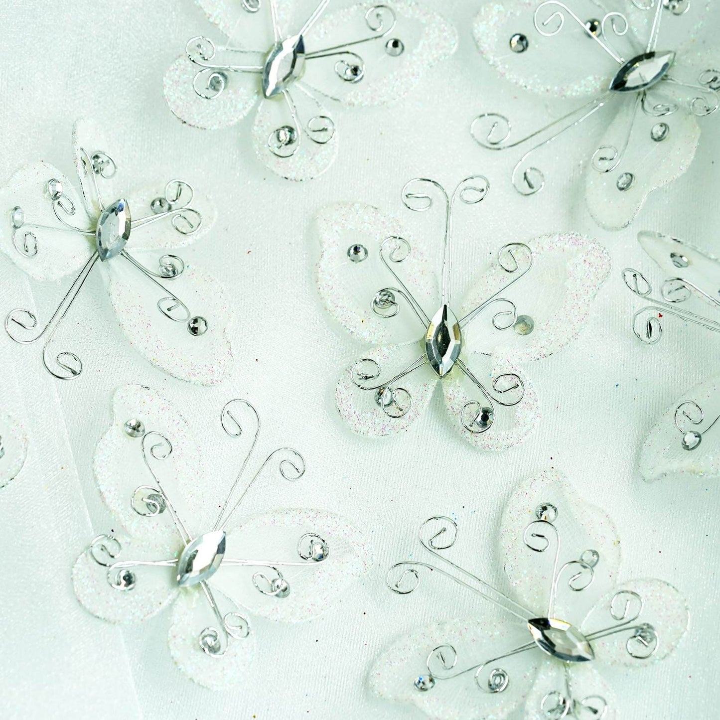 12 Pack 2" White Diamond Studded Wired Organza Butterflies - Linen Luxes