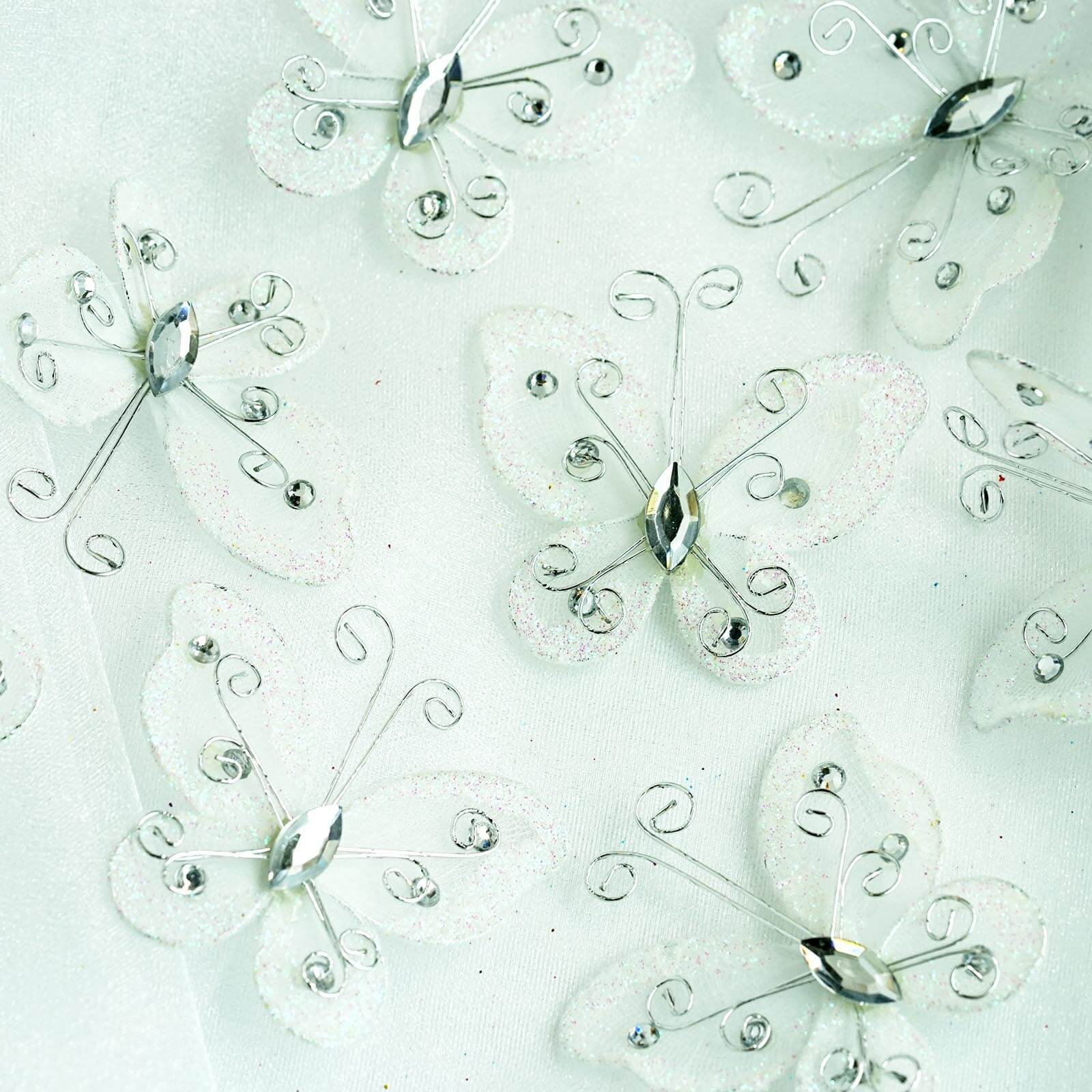 12 Pack 2" White Diamond Studded Wired Organza Butterflies - Linen Luxes