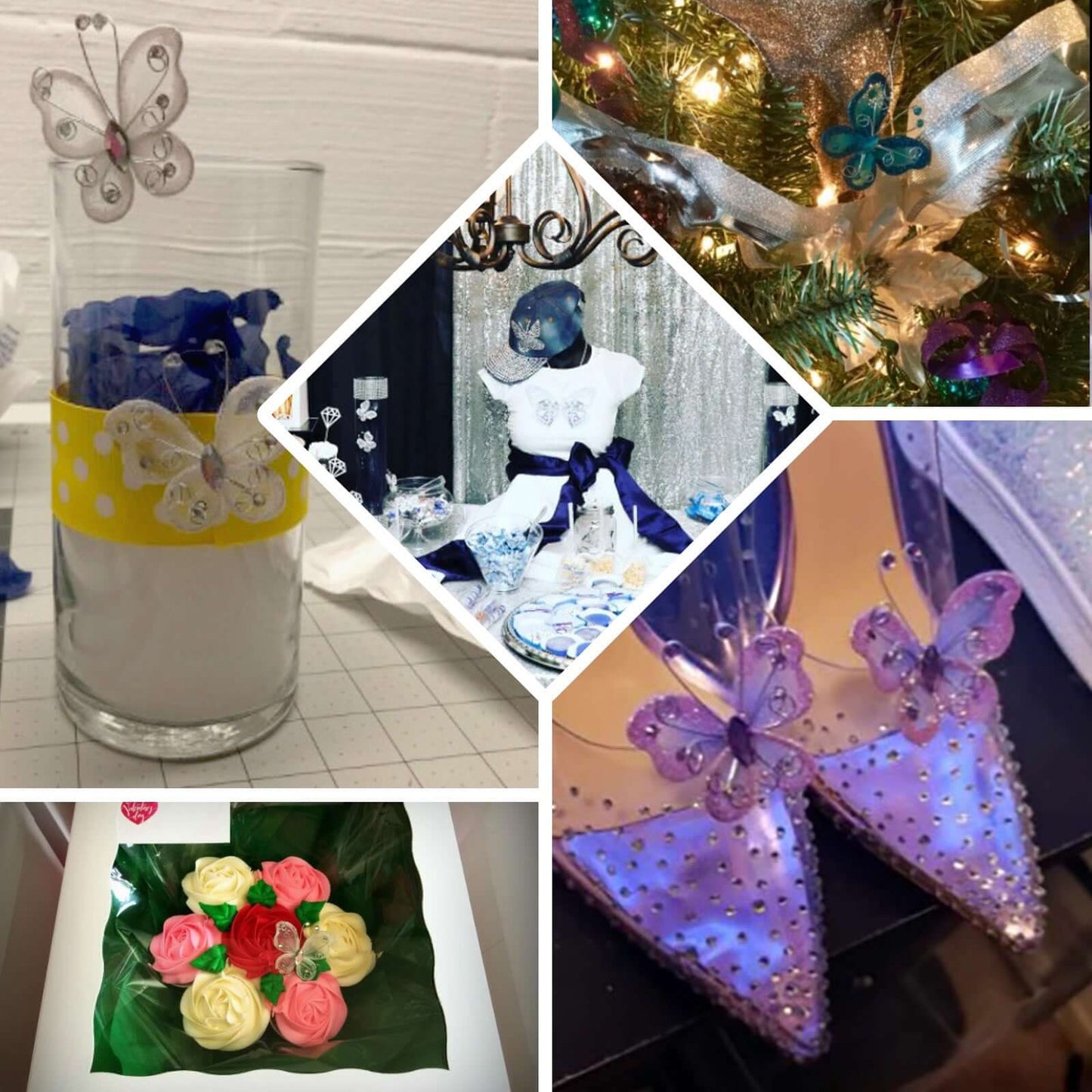 12 Pack 2" White Diamond Studded Wired Organza Butterflies - Linen Luxes