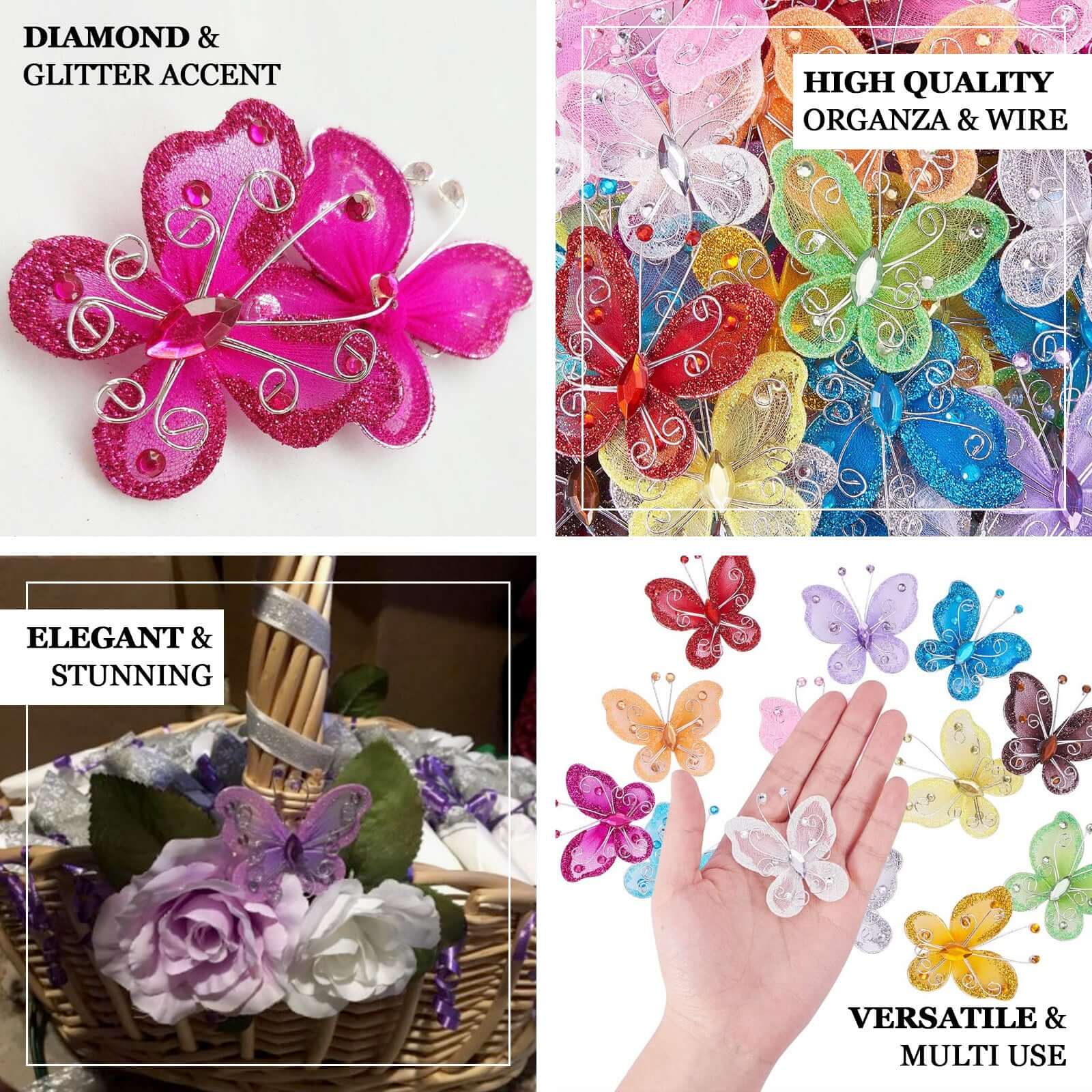 12 Pack 2" White Diamond Studded Wired Organza Butterflies - Linen Luxes