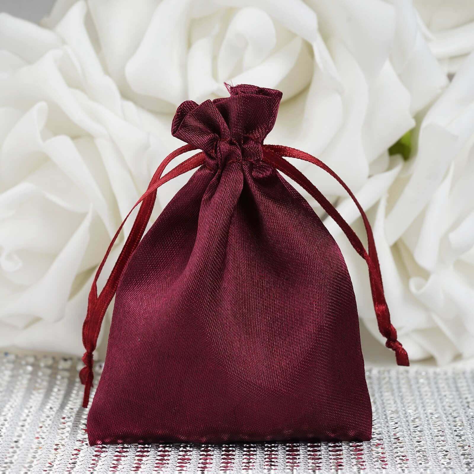 12 Pack 3"x4" Burgundy Satin Drawstring Wedding Party Favor Gift Bags - Linen Luxes