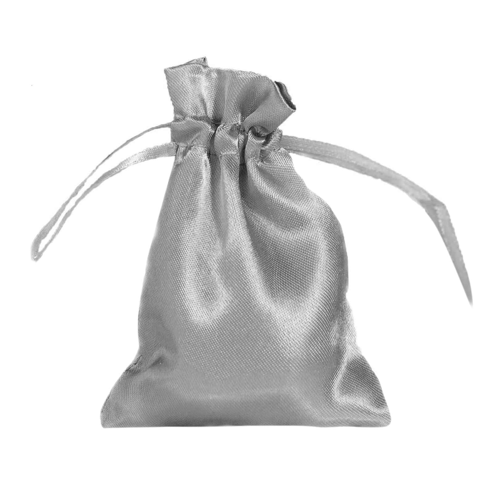 12 Pack 3"x4" Silver Satin Drawstring Wedding Party Favor Gift Bags - Linen Luxes