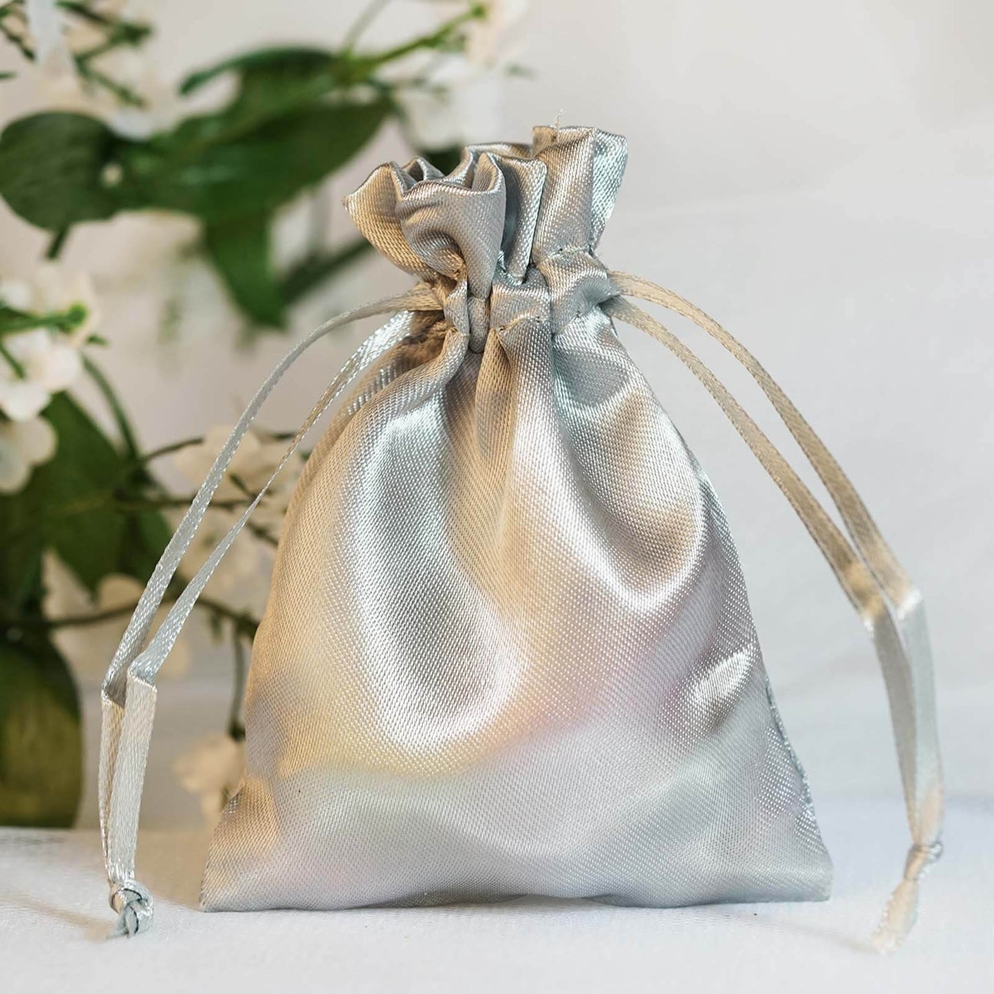 12 Pack 3"x4" Silver Satin Drawstring Wedding Party Favor Gift Bags - Linen Luxes