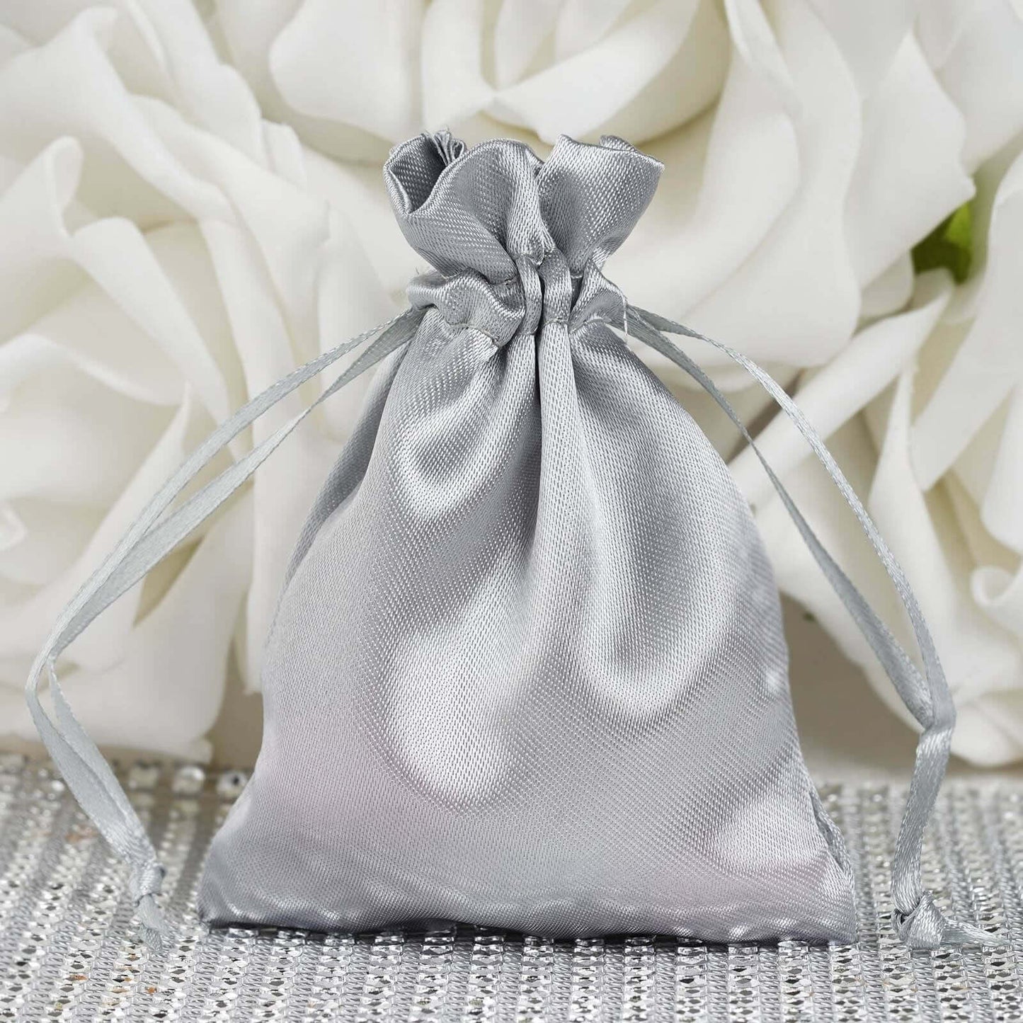 12 Pack 3"x4" Silver Satin Drawstring Wedding Party Favor Gift Bags - Linen Luxes