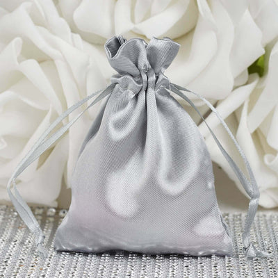 12 Pack 3"x4" Silver Satin Drawstring Wedding Party Favor Gift Bags - Linen Luxes
