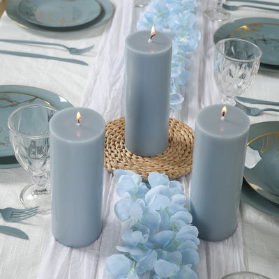 12-Pack 3"x8" Unscented Dripless Pillar Candles â€“ Dusty Blue Long-Burning Wax Candles with Cotton Wicks for Home, Weddings & Event Decor
