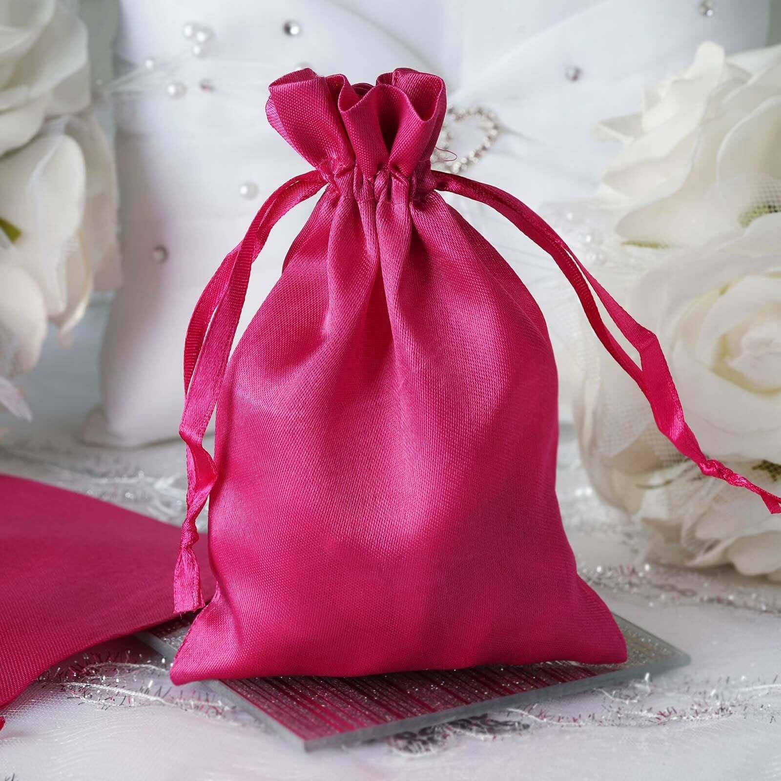 12 Pack 4"x6" Fuchsia Satin Drawstring Wedding Party Favor Gift Bags - Linen Luxes