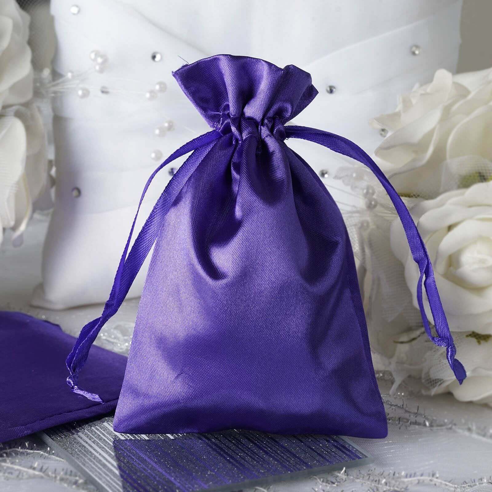 12 Pack 4"x6" Purple Satin Drawstring Wedding Party Favor Gift Bags - Linen Luxes
