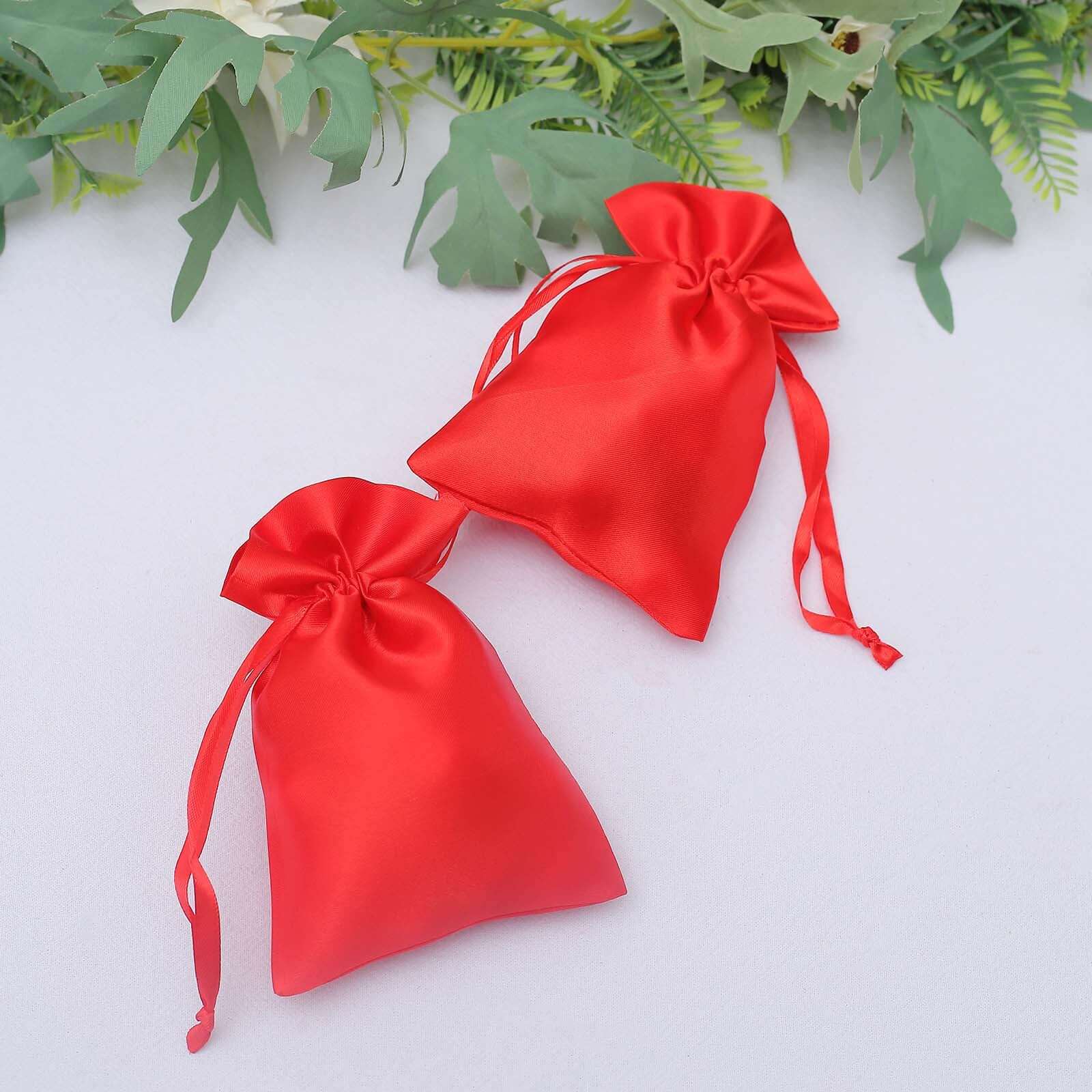 12 Pack 4"x6" Red Satin Drawstring Wedding Party Favor Gift Bags - Linen Luxes