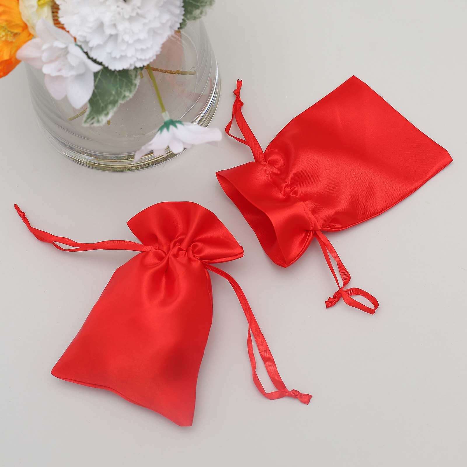 12 Pack 4"x6" Red Satin Drawstring Wedding Party Favor Gift Bags - Linen Luxes