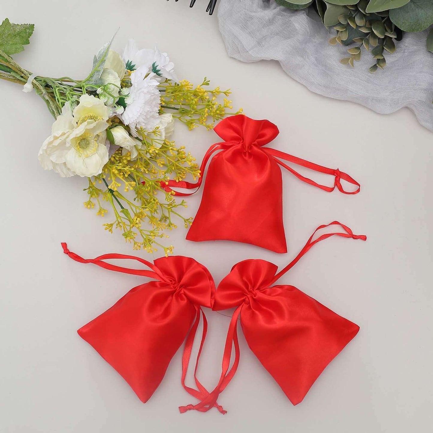 12 Pack 4"x6" Red Satin Drawstring Wedding Party Favor Gift Bags - Linen Luxes