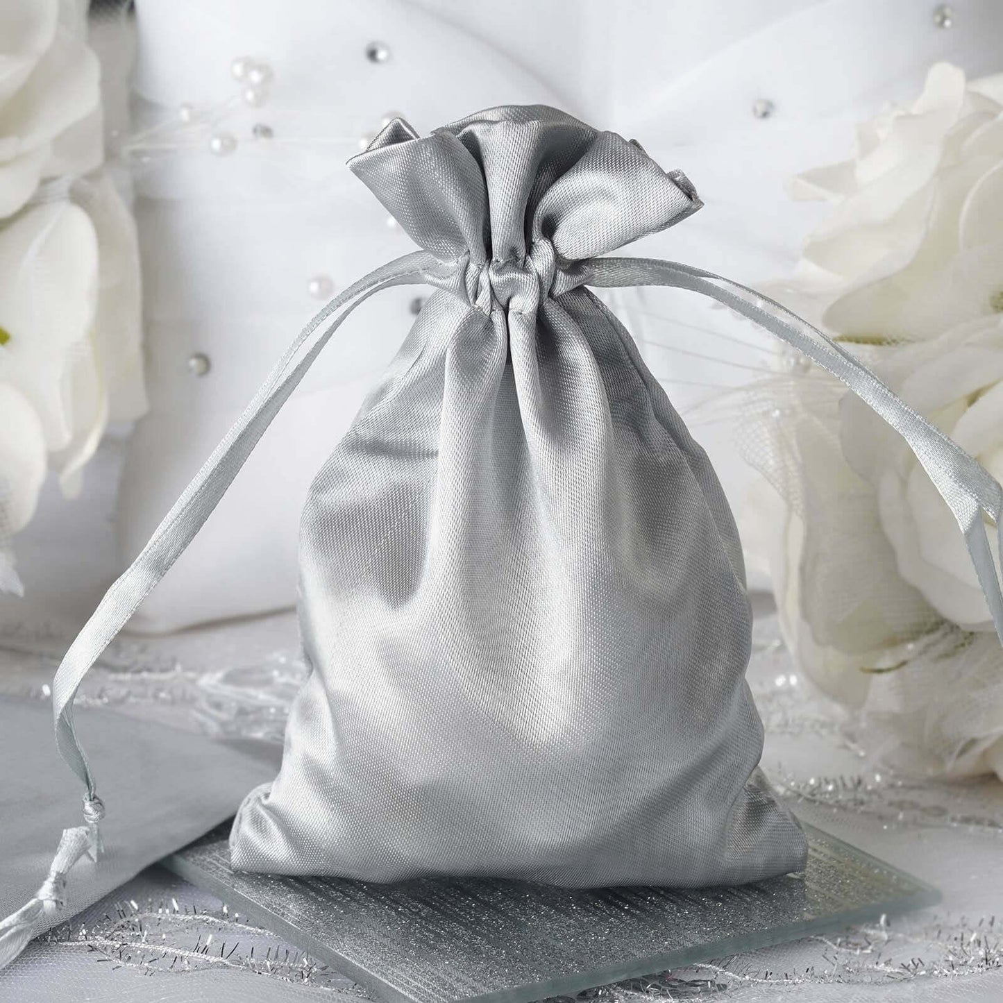 12 Pack 4"x6" Silver Satin Drawstring Wedding Party Favor Gift Bags - Linen Luxes