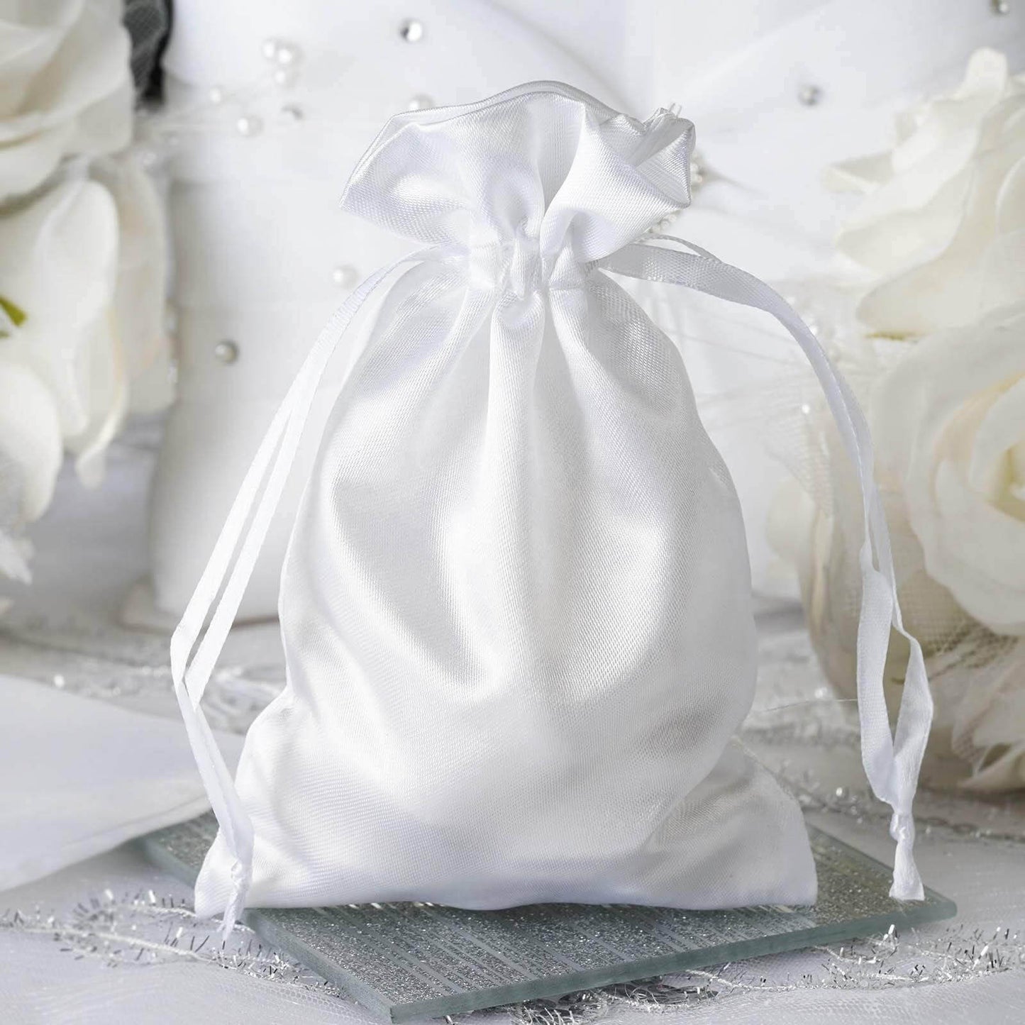 12 Pack 4"x6" White Satin Drawstring Wedding Party Favor Gift Bags - Linen Luxes