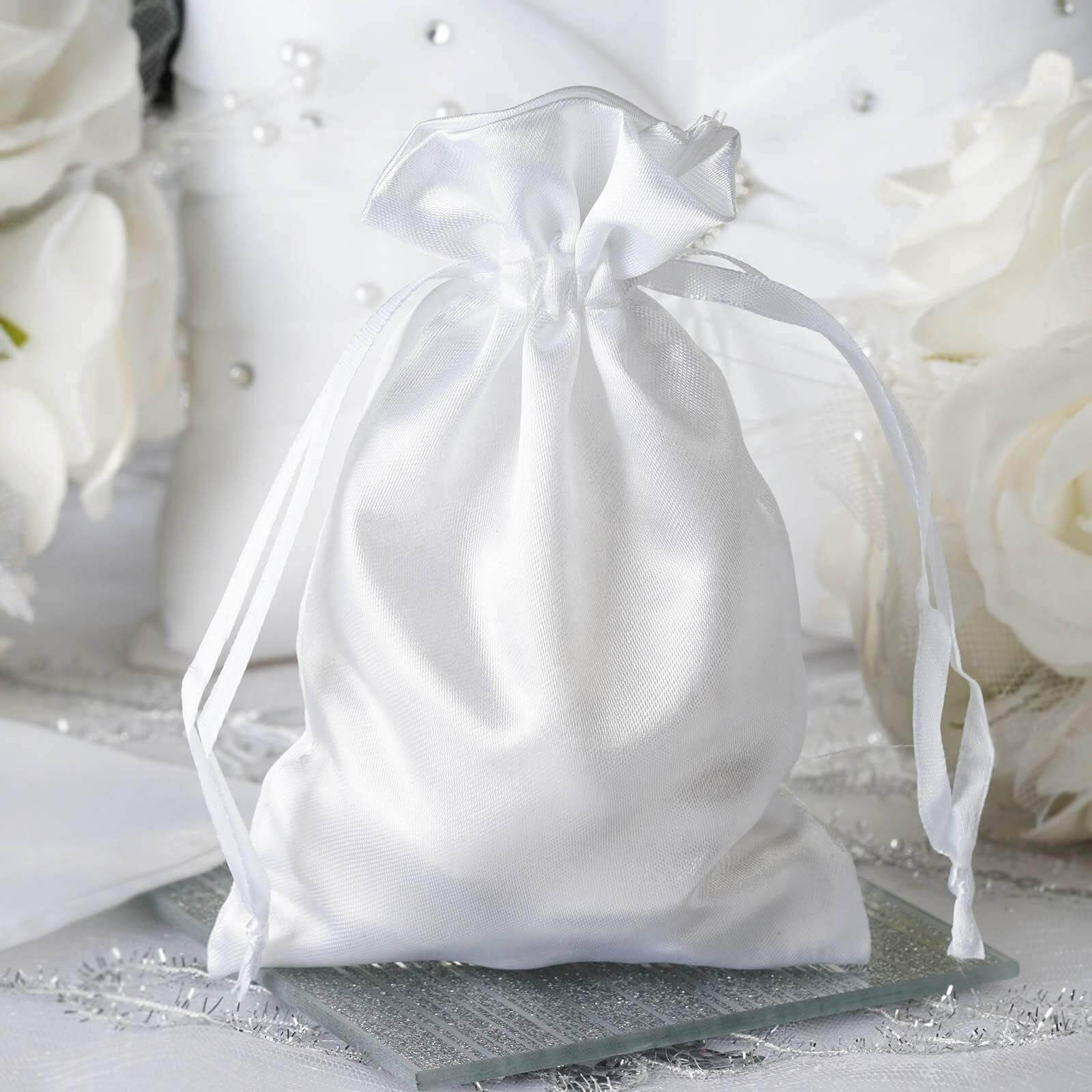 12 Pack 4"x6" White Satin Drawstring Wedding Party Favor Gift Bags - Linen Luxes