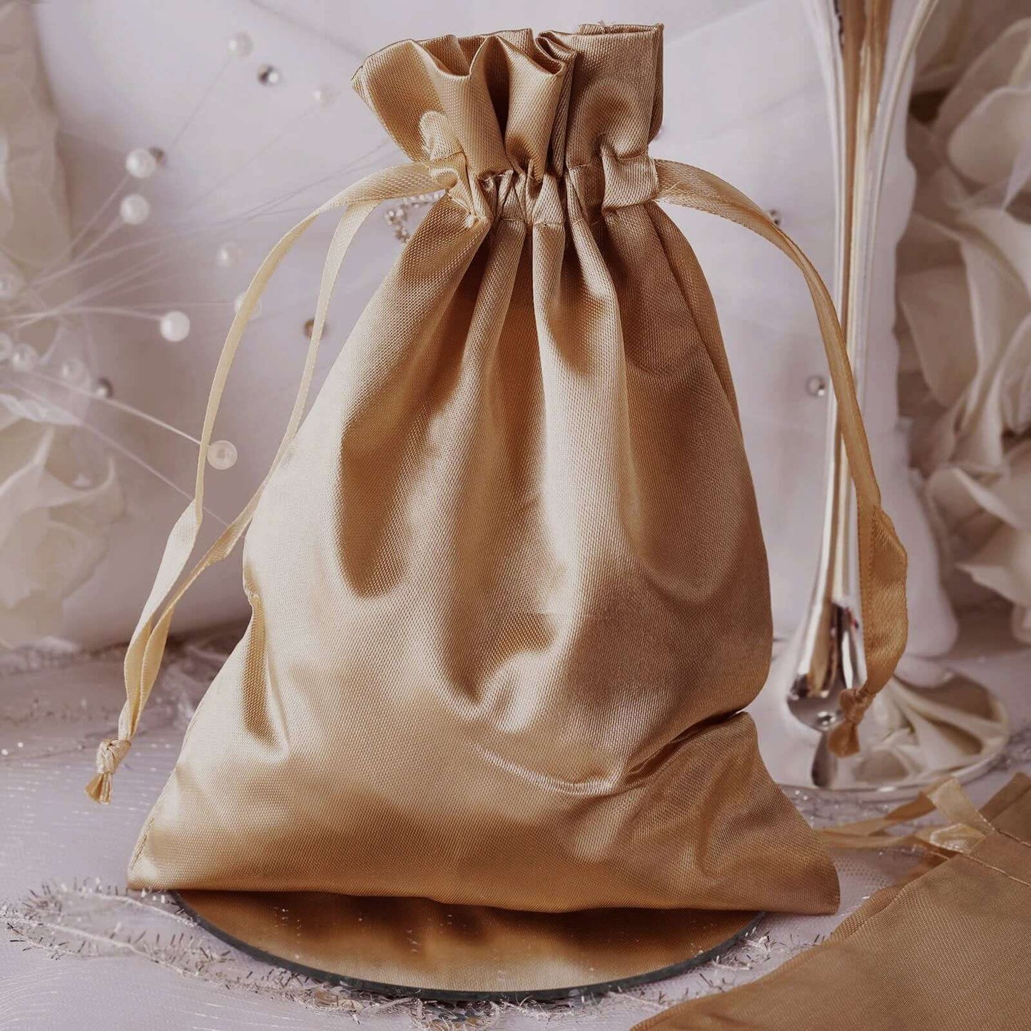 12 Pack 5"x7" Antique Gold Satin Drawstring Wedding Party Favor Gift Bags, Drawstring Pouch Gift Bags - Linen Luxes