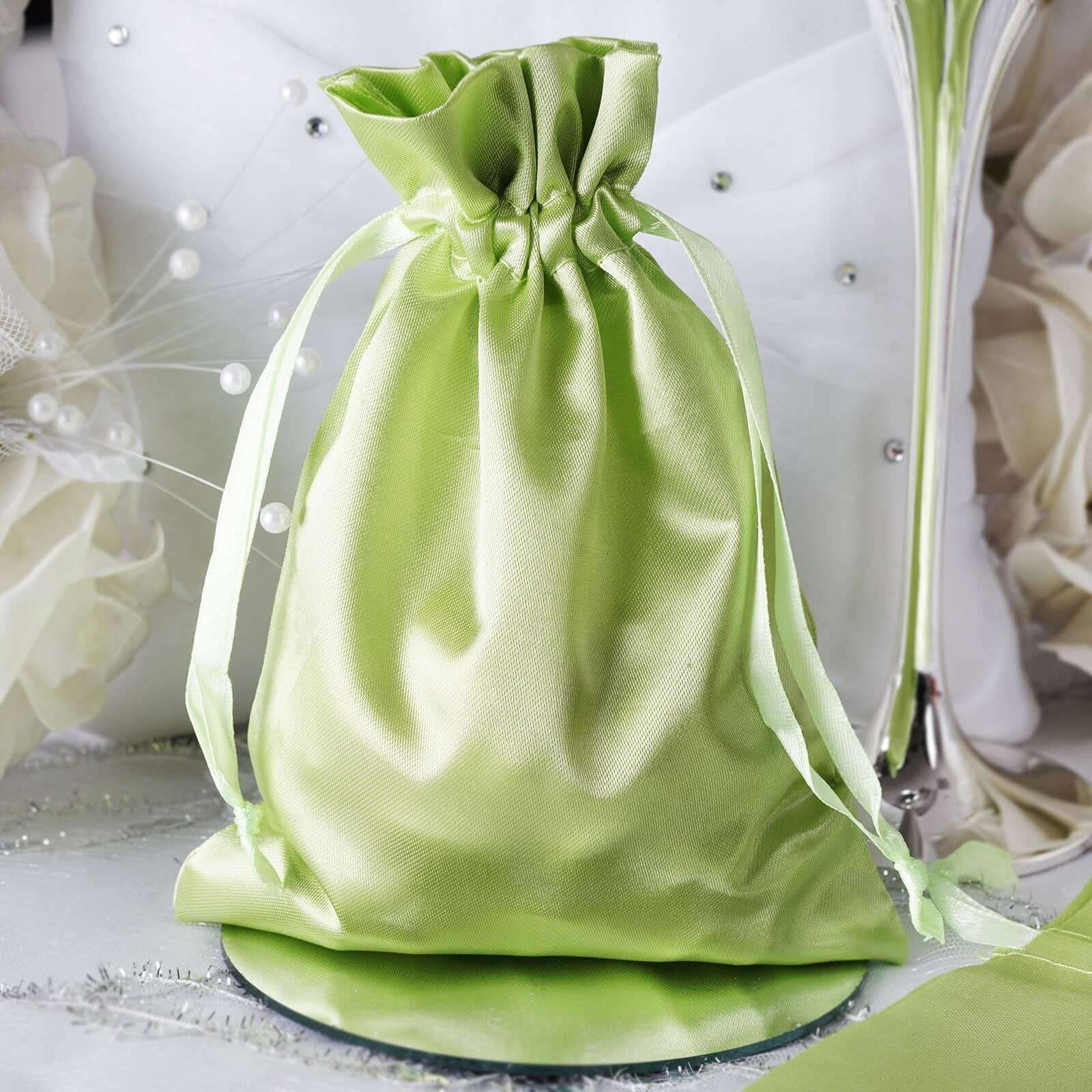 12 Pack 5"x7" Apple Green Satin Drawstring Wedding Party Favor Gift Bags, Drawstring Pouch Gift Bags - Linen Luxes