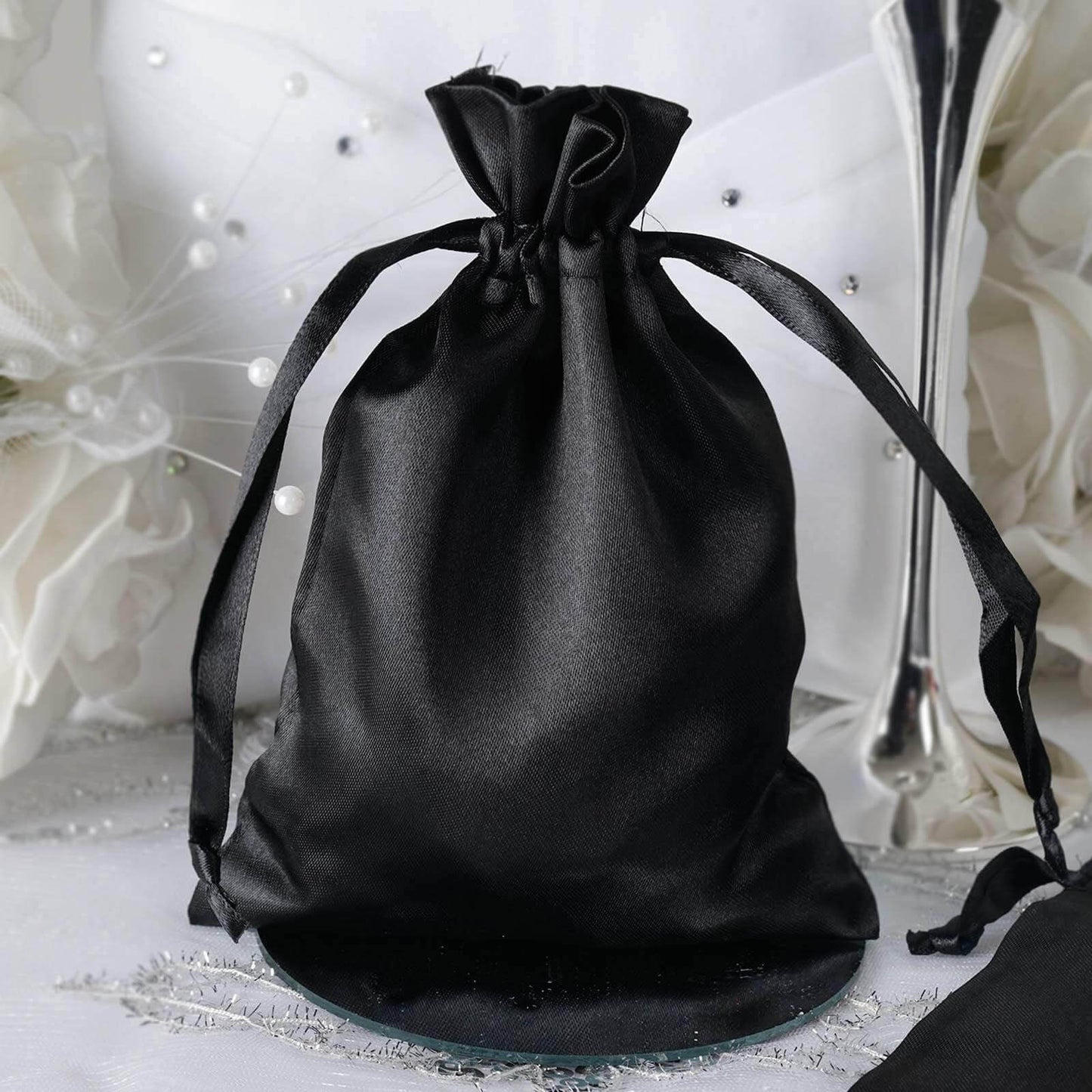 12 Pack 5"x7" Black Satin Drawstring Wedding Party Favor Gift Bags - Linen Luxes