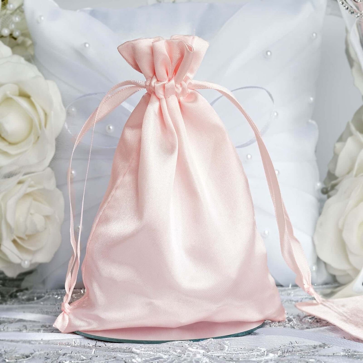 12 Pack 5"x7" Blush Satin Drawstring Wedding Party Favor Gift Bags, Drawstring Pouch Gift Bags - Linen Luxes