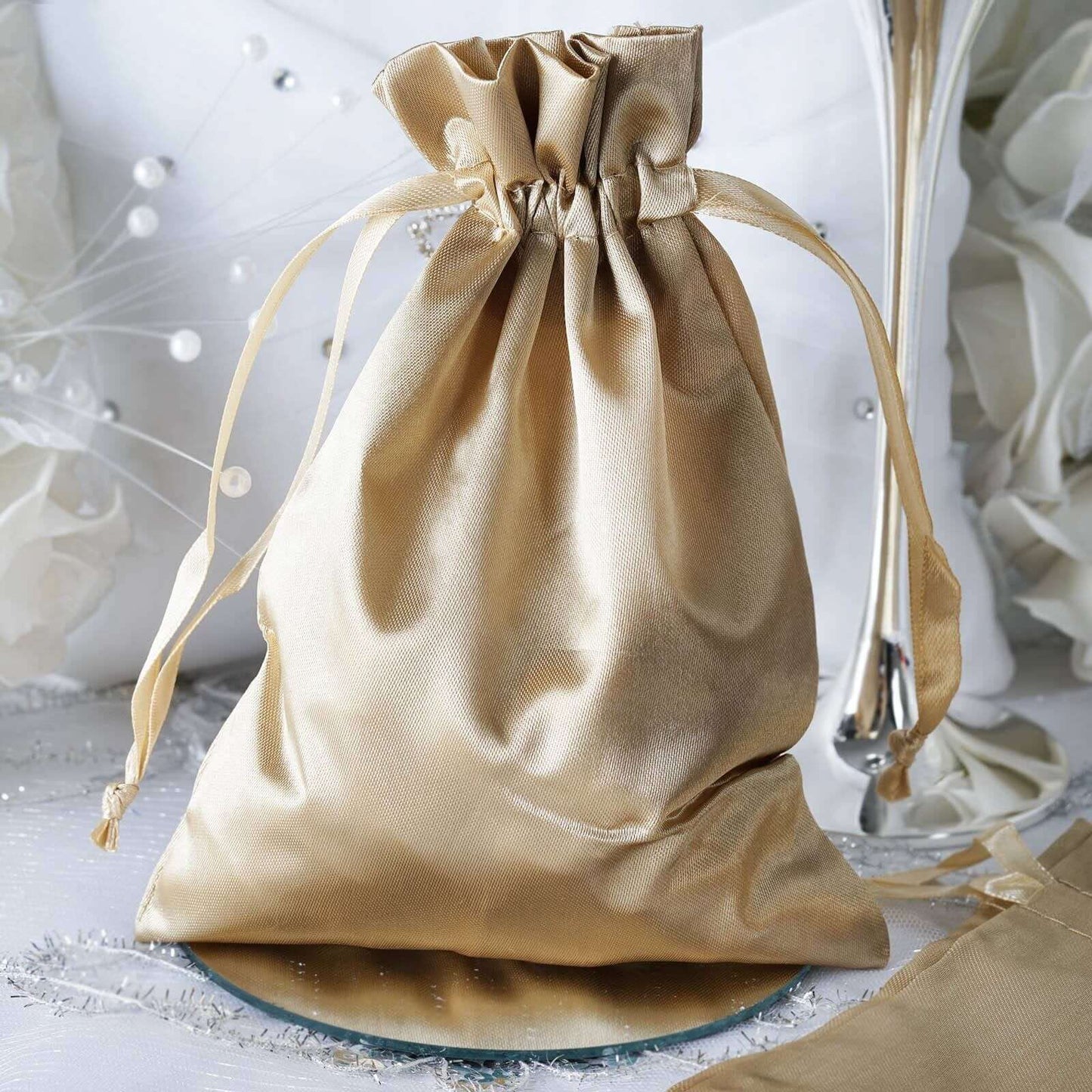 12 Pack 5"x7" Champagne Satin Drawstring Wedding Party Favor Gift Bags - Linen Luxes