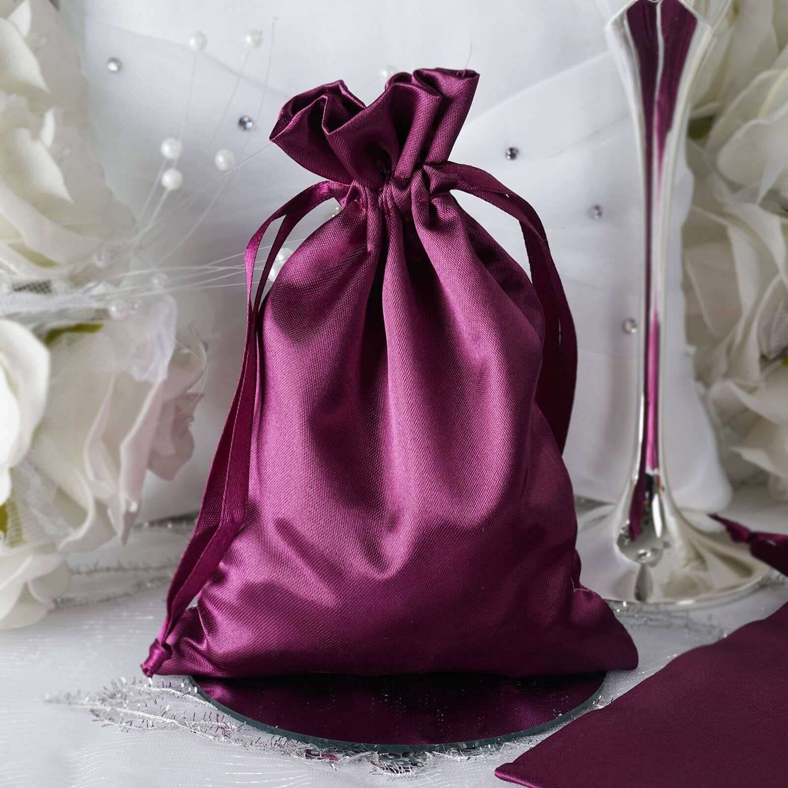 12 Pack 5"x7" Eggplant Satin Drawstring Wedding Party Favor Gift Bags - Linen Luxes