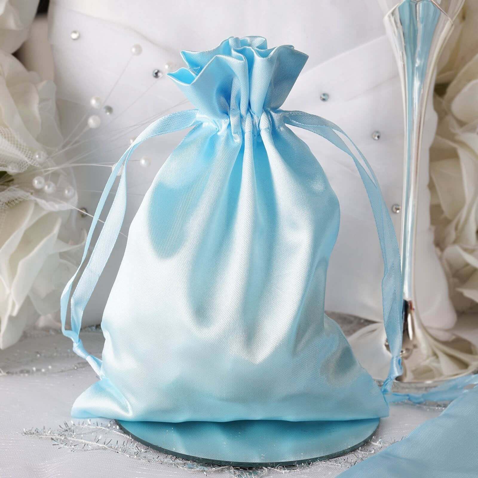 12 Pack 5"x7" Light Blue Satin Drawstring Wedding Party Favor Gift Bags - Linen Luxes