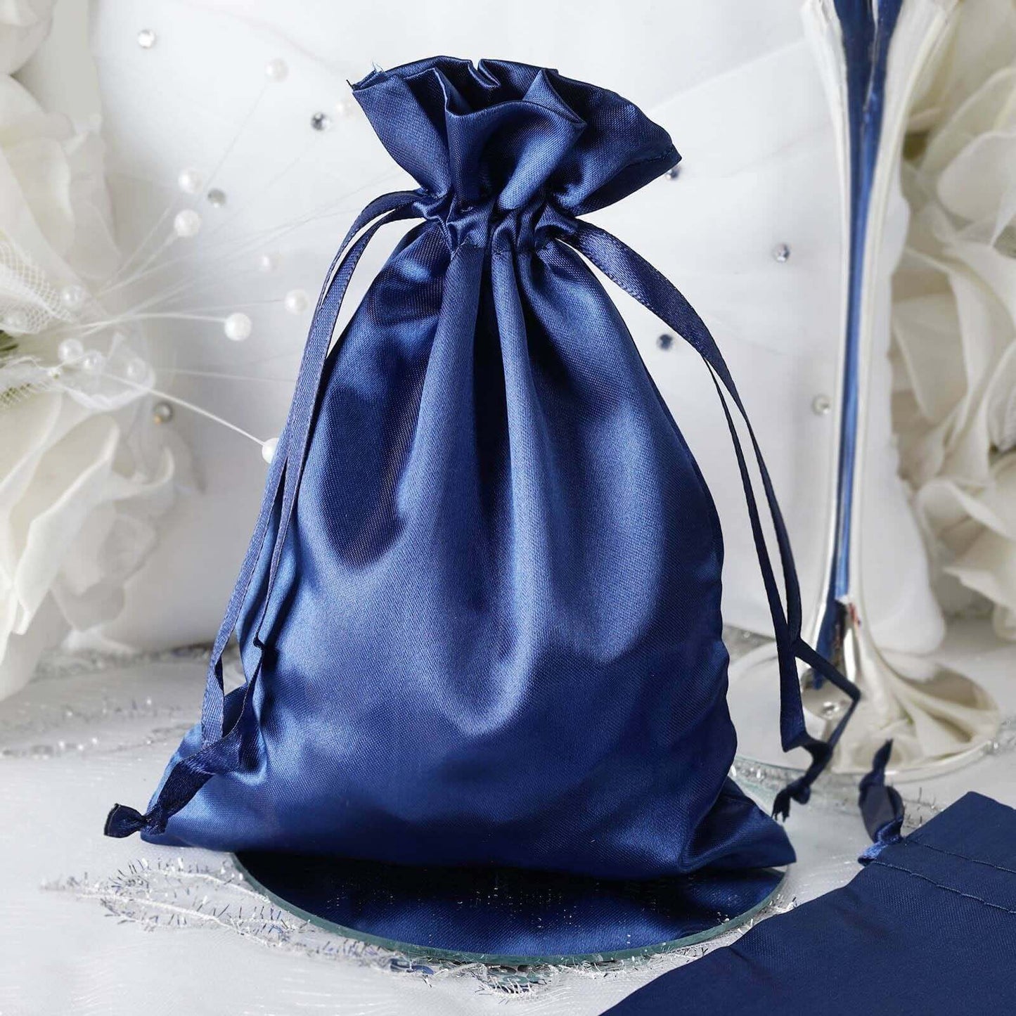 12 Pack 5"x7" Navy Blue Satin Drawstring Wedding Party Favor Gift Bags - Linen Luxes