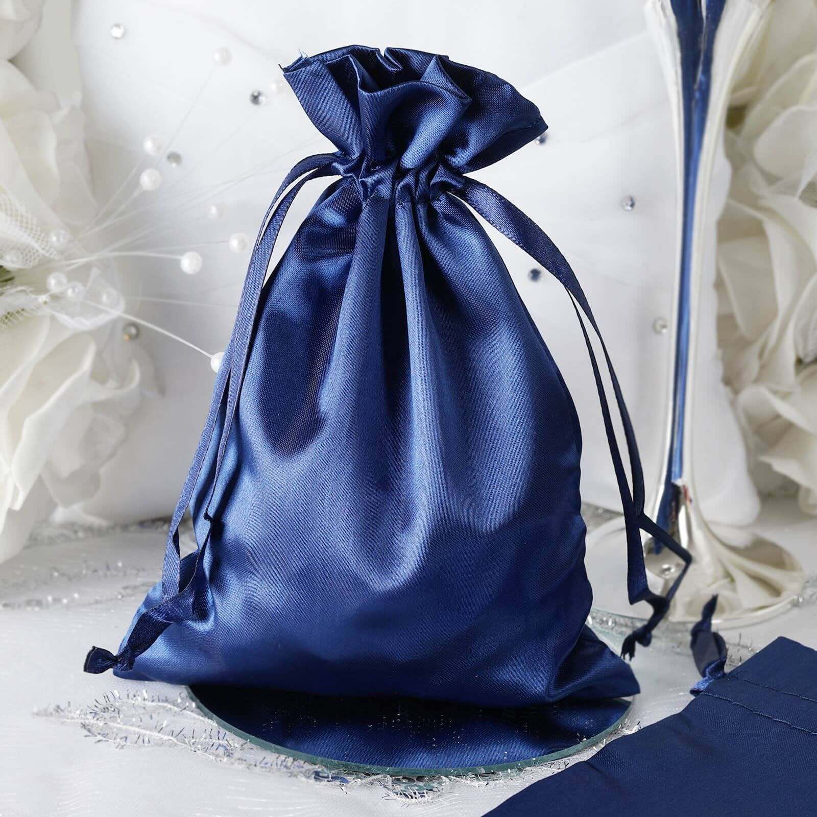 12 Pack 5"x7" Navy Blue Satin Drawstring Wedding Party Favor Gift Bags - Linen Luxes