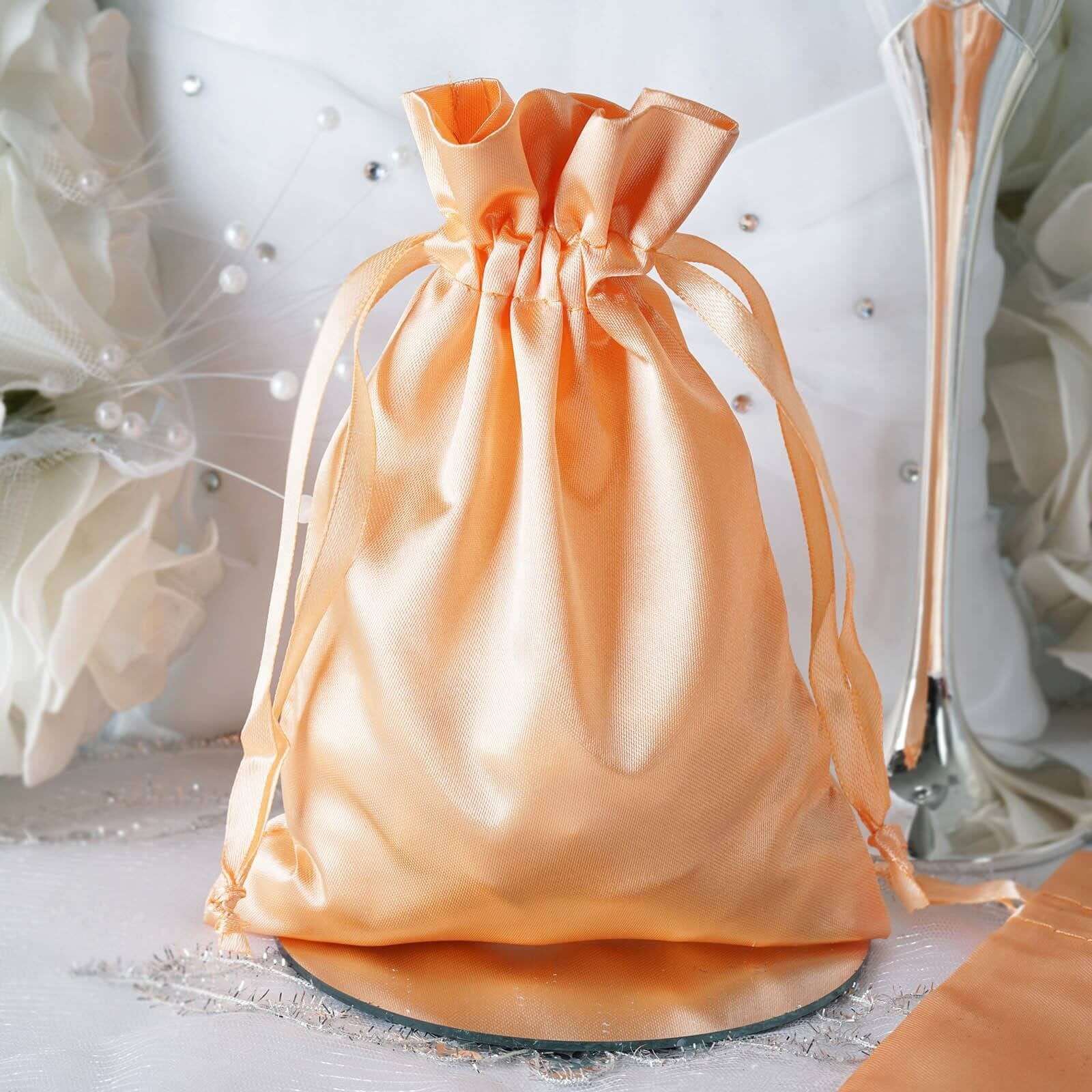 12 Pack 5"x7" Peach Satin Drawstring Wedding Party Favor Gift Bags - Linen Luxes