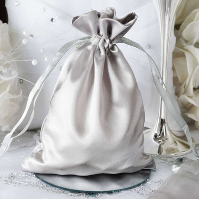 12 Pack 5"x7" Silver Satin Drawstring Wedding Party Favor Gift Bags - Linen Luxes