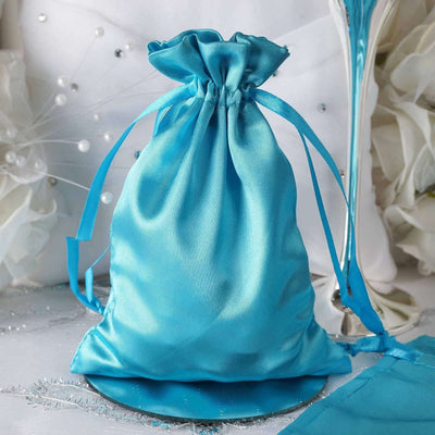 12 Pack 5"x7" Turquoise Satin Drawstring Wedding Party Favor Gift Bags - Linen Luxes
