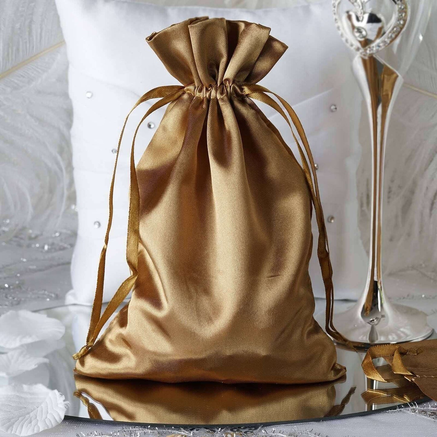 12 Pack 6"x9" Antique Gold Satin Wedding Party Favor Bags, Drawstring Pouch Gift Bags - Linen Luxes