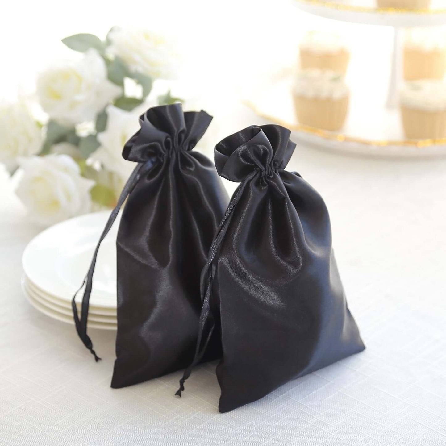 12 Pack 6"x9" Black Satin Drawstring Wedding Party Favor Gift Bags - Linen Luxes