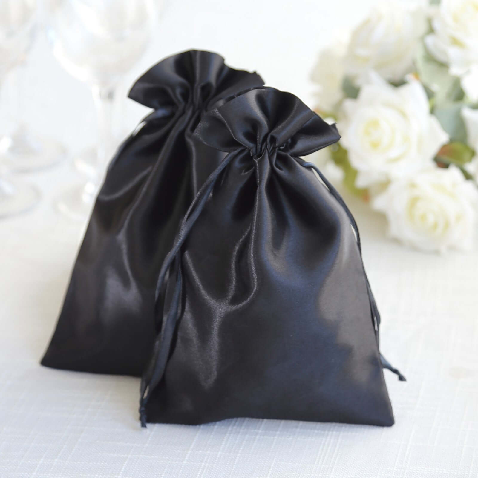 12 Pack 6"x9" Black Satin Drawstring Wedding Party Favor Gift Bags - Linen Luxes