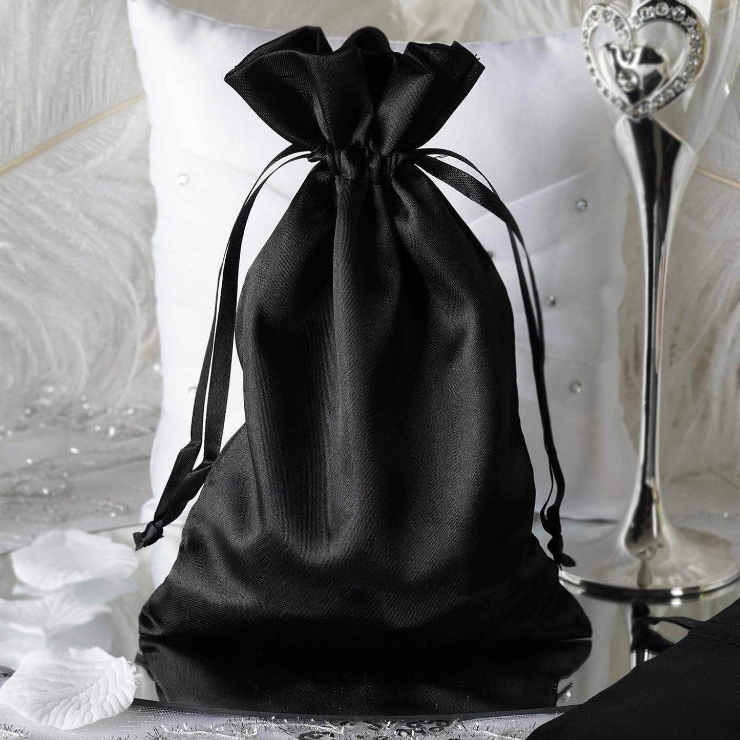 12 Pack 6"x9" Black Satin Drawstring Wedding Party Favor Gift Bags - Linen Luxes