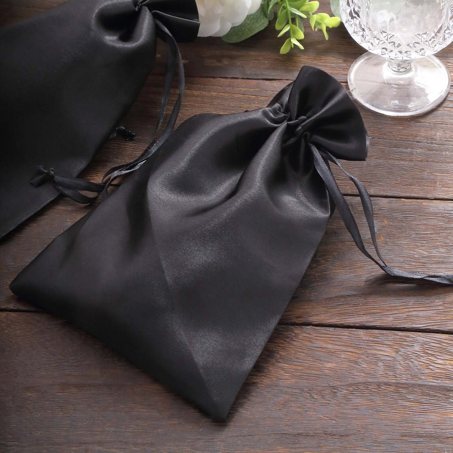 12 Pack 6"x9" Black Satin Drawstring Wedding Party Favor Gift Bags - Linen Luxes