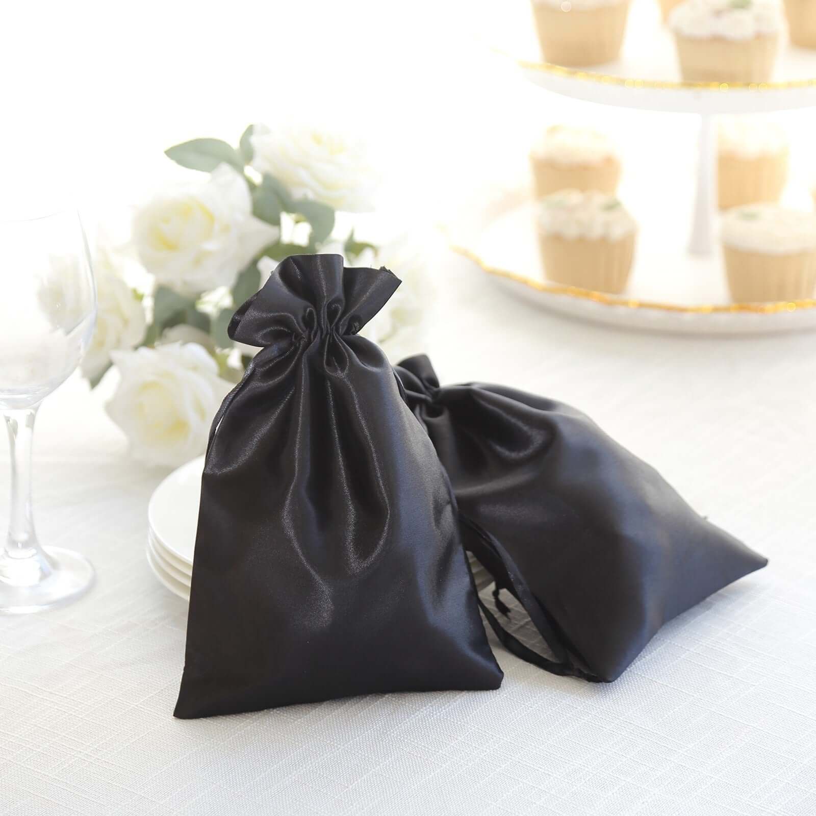 12 Pack 6"x9" Black Satin Drawstring Wedding Party Favor Gift Bags - Linen Luxes