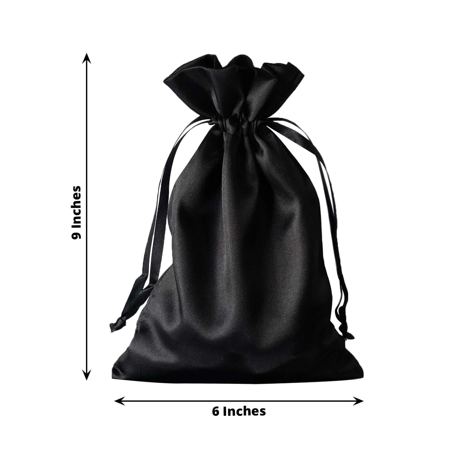 12 Pack 6"x9" Black Satin Drawstring Wedding Party Favor Gift Bags - Linen Luxes