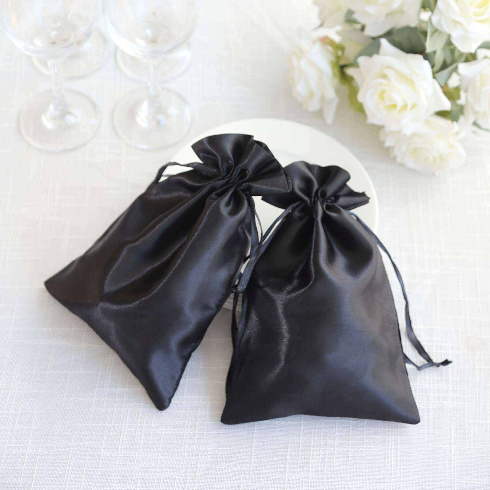 12 Pack 6"x9" Black Satin Drawstring Wedding Party Favor Gift Bags - Linen Luxes