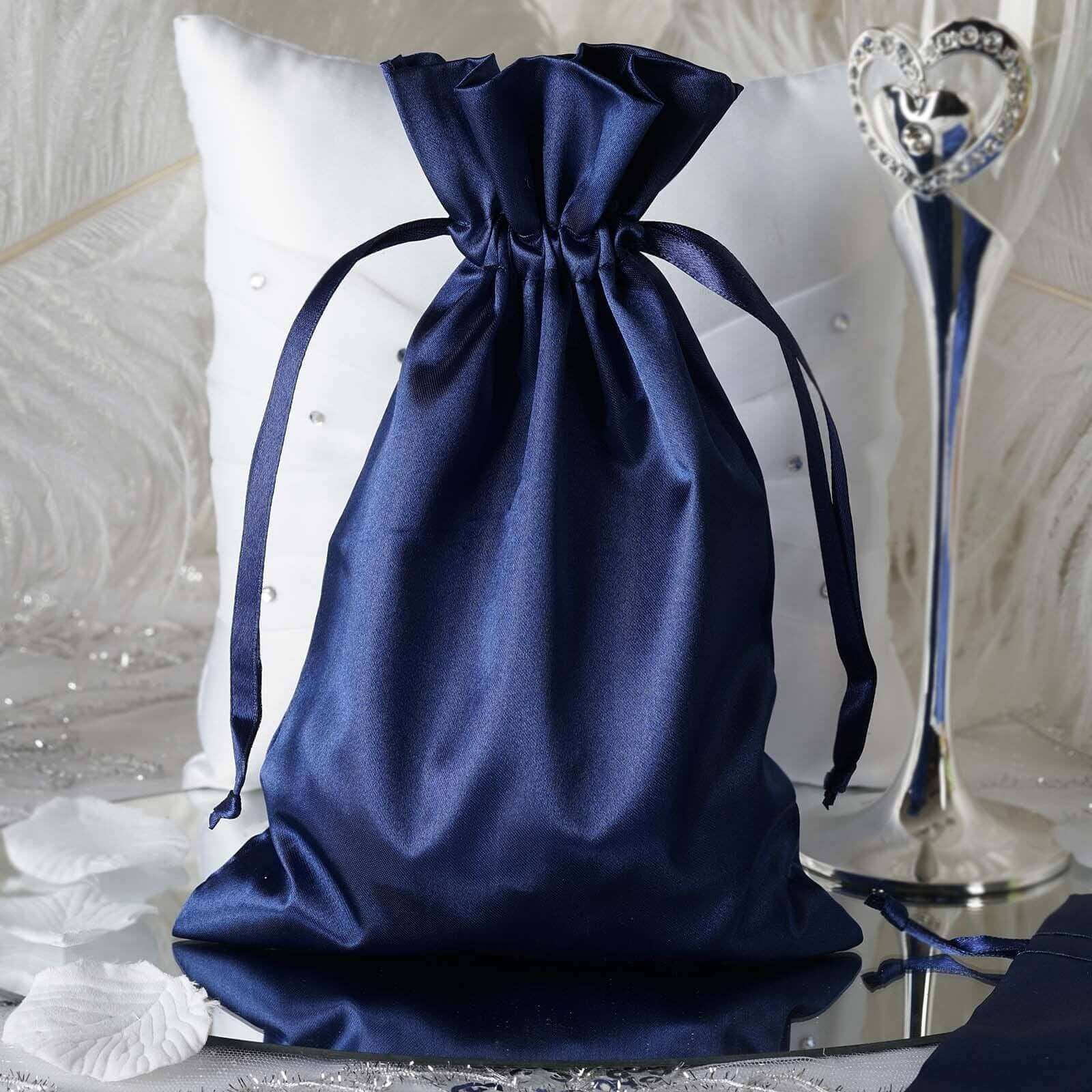 12 Pack 6"x9" Navy Blue Satin Wedding Party Favor Bags, Drawstring Pouch Gift Bags - Linen Luxes