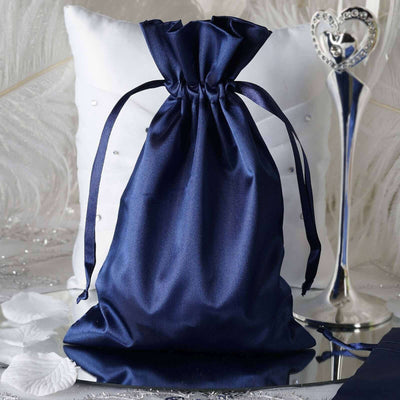 12 Pack 6"x9" Navy Blue Satin Wedding Party Favor Bags, Drawstring Pouch Gift Bags - Linen Luxes